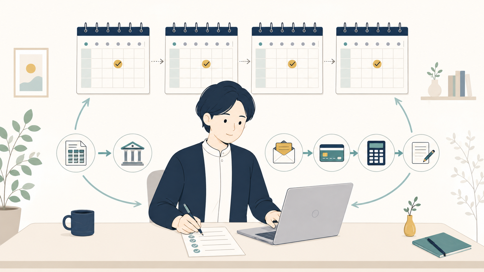 毎月同じ日に、記帳・入出金の照合・請求・定例支払いを同じ順番でくり返す月次ルーティンの様子