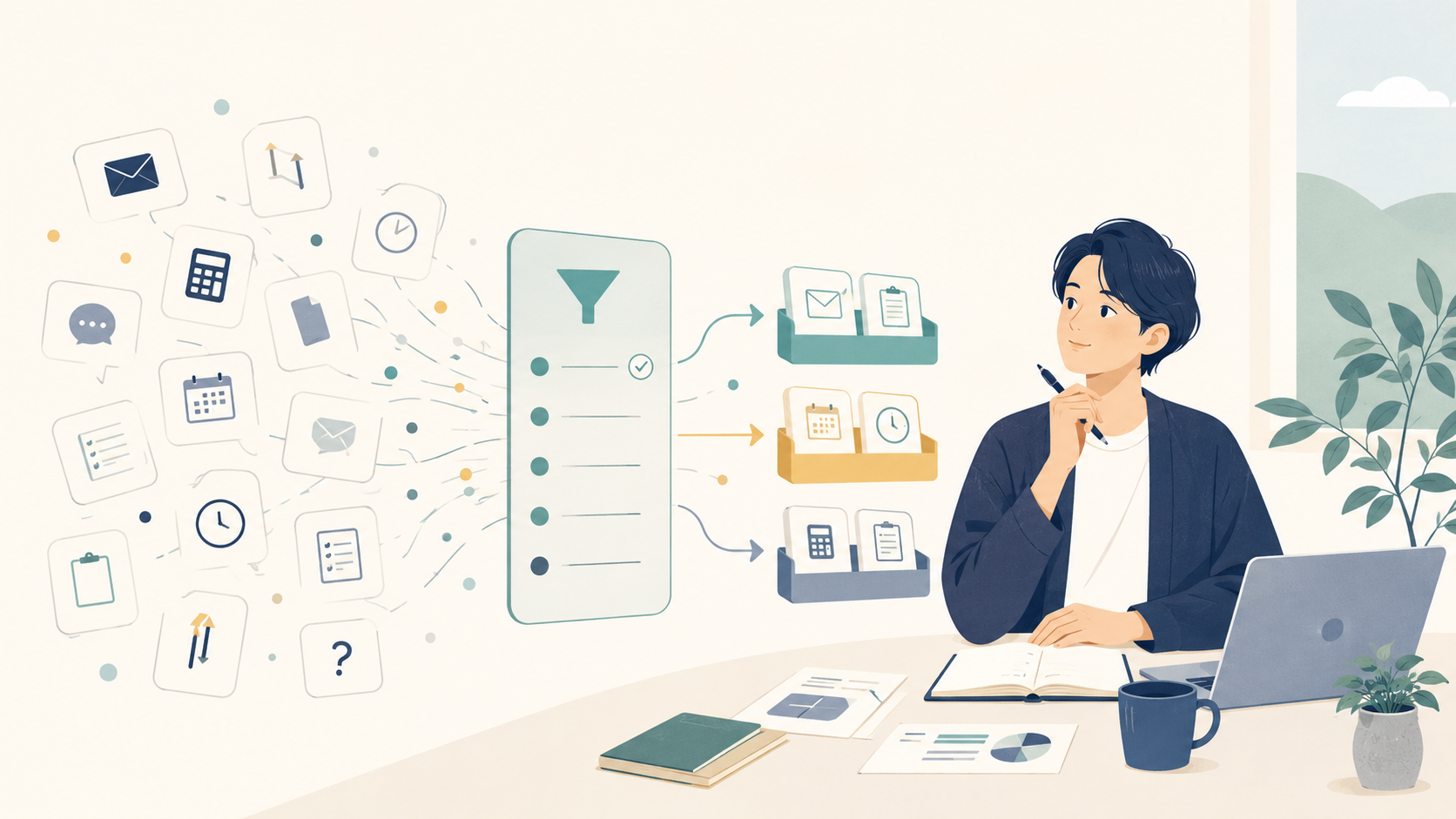 散らばるタスクを基準の型でふるい分け、決まった置き場所に整理していく様子