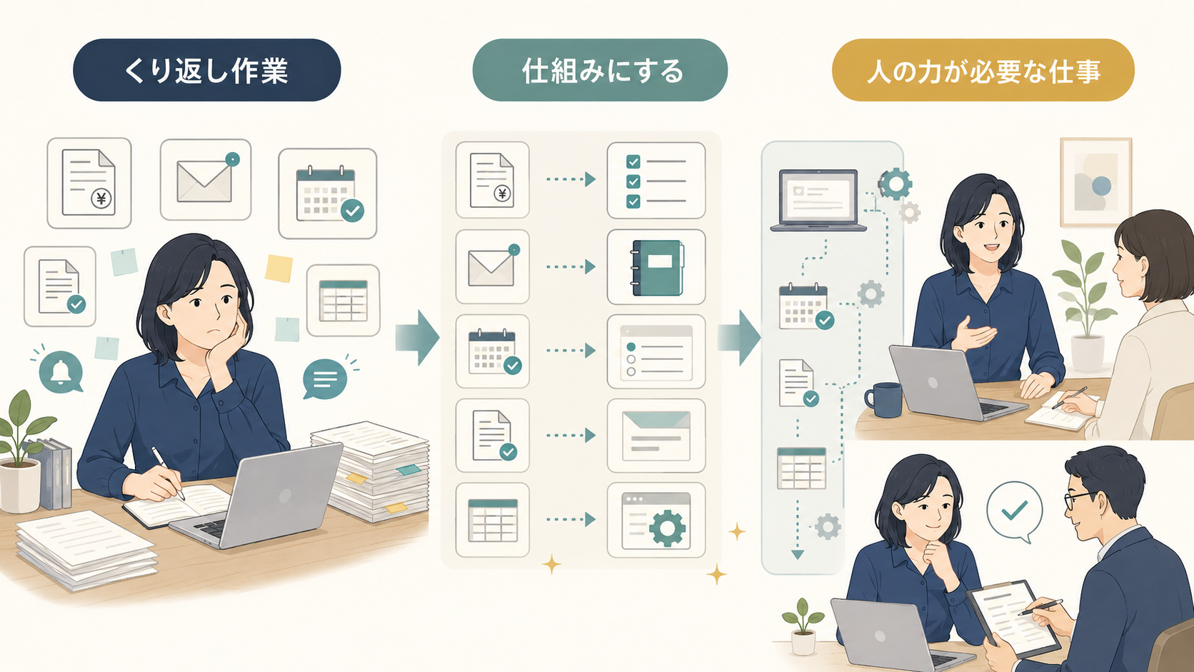 くり返し作業を、チェックリストや手順書などの仕組みに変え、人の力が必要な仕事に集中する3段階の流れ