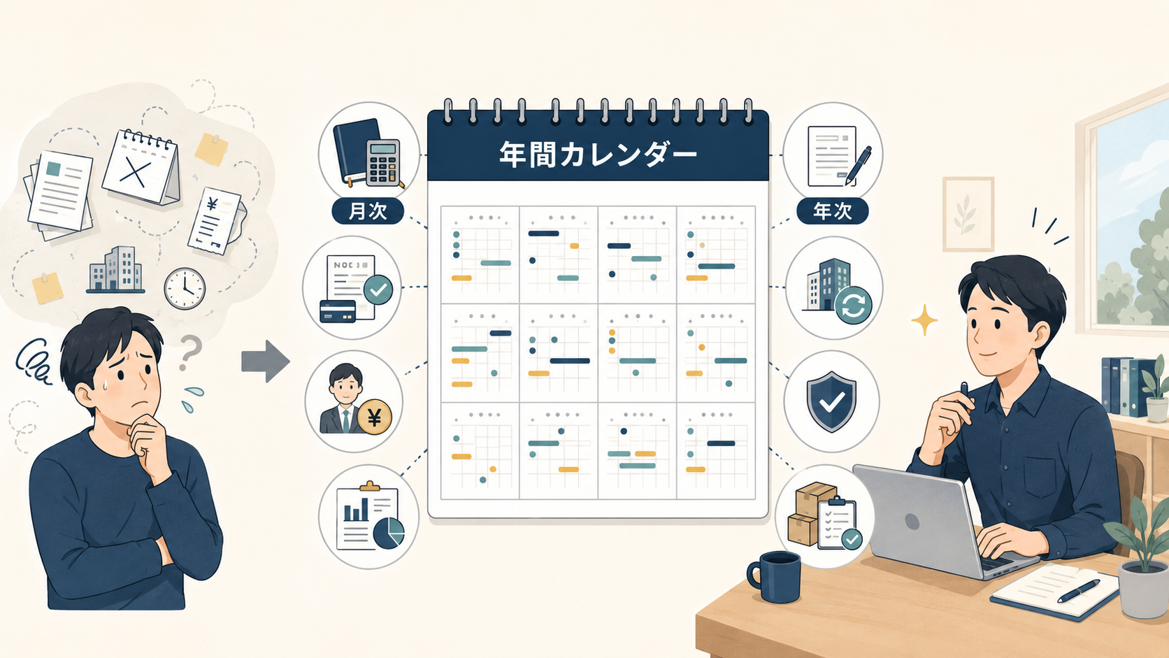 散らばった締め切りに悩む状態から、月次と年次の予定を1枚の年間カレンダーに集約して落ち着いて働く状態への流れ