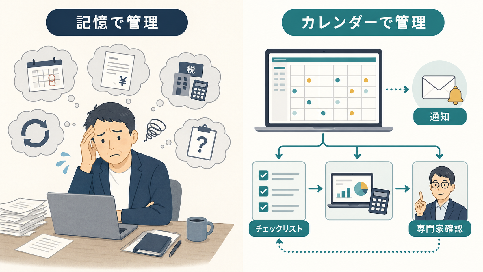 記憶で管理して締め切りに慌てる状態と、カレンダーで管理して通知やチェックリストで淡々と回る状態の対比