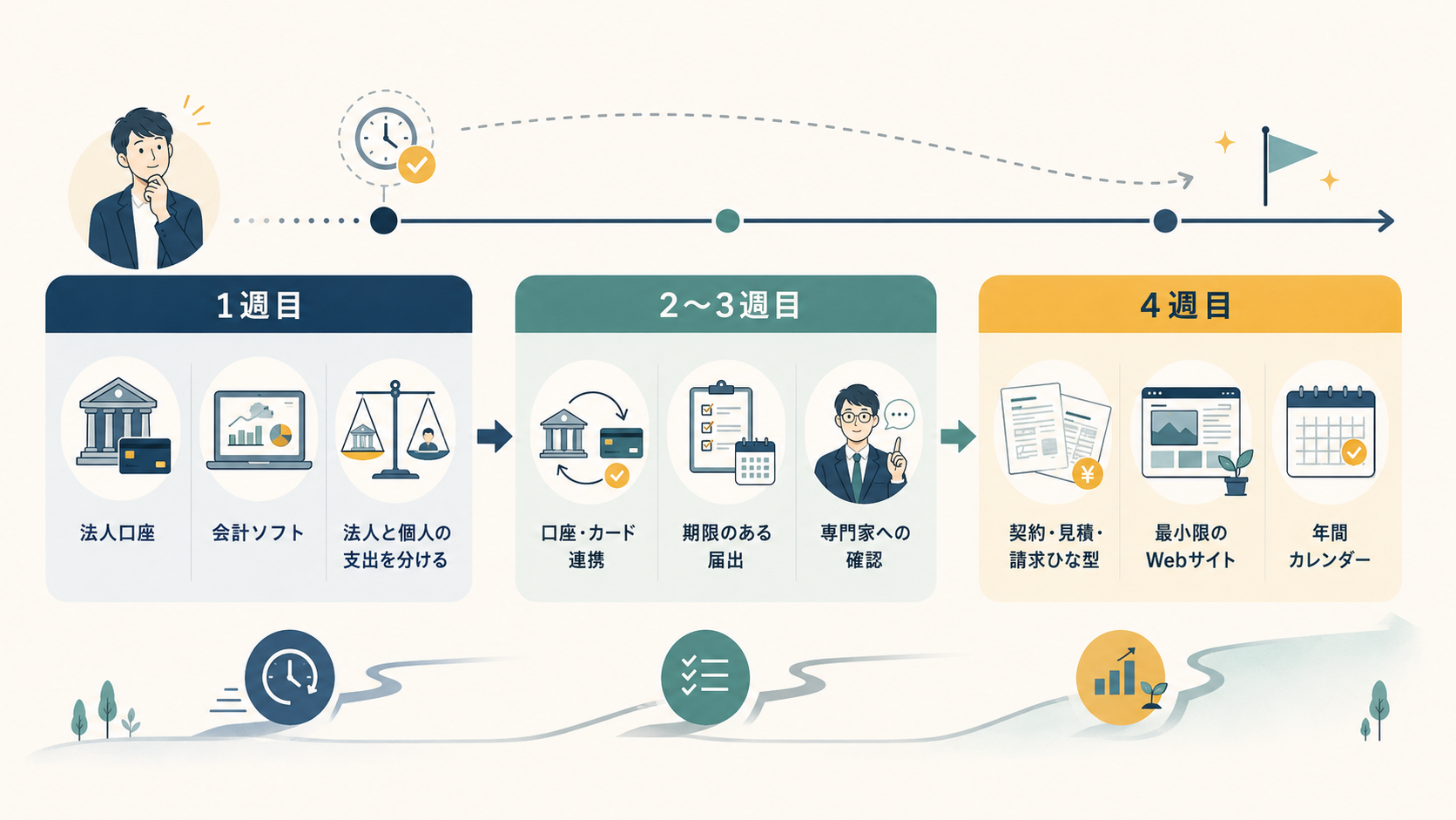 会社設立後1か月の進め方を、1週目、2〜3週目、4週目に分けた時系列
