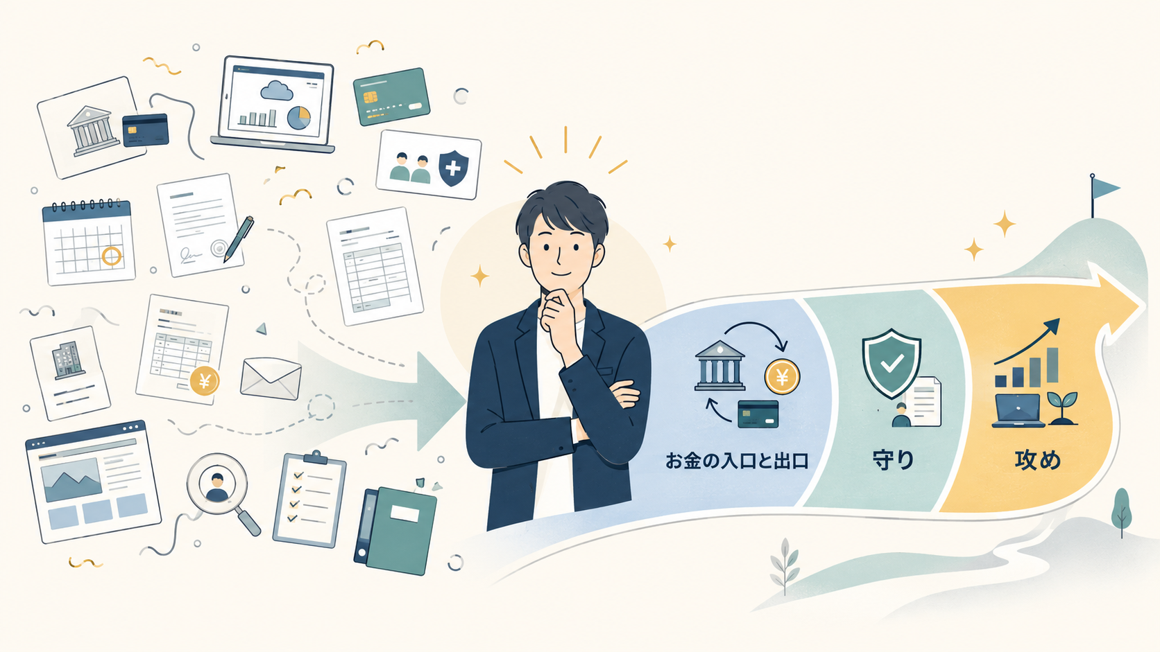 ひとり社長が会社設立後の実務を、お金の入口と出口、守り、攻めの順に整える全体像