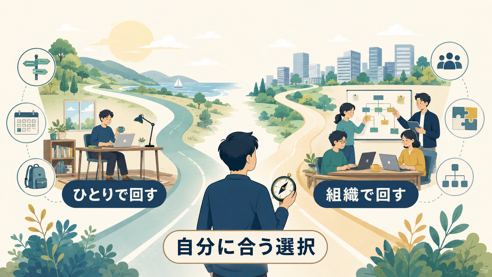 ひとりで回す道と組織で回す道を前に、コンパスを手に自分に合う選択を考える様子