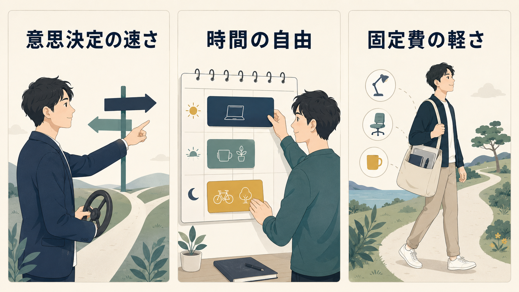 意思決定の速さ、時間の自由、固定費の軽さという、ひとりで回すことを選ぶ理由