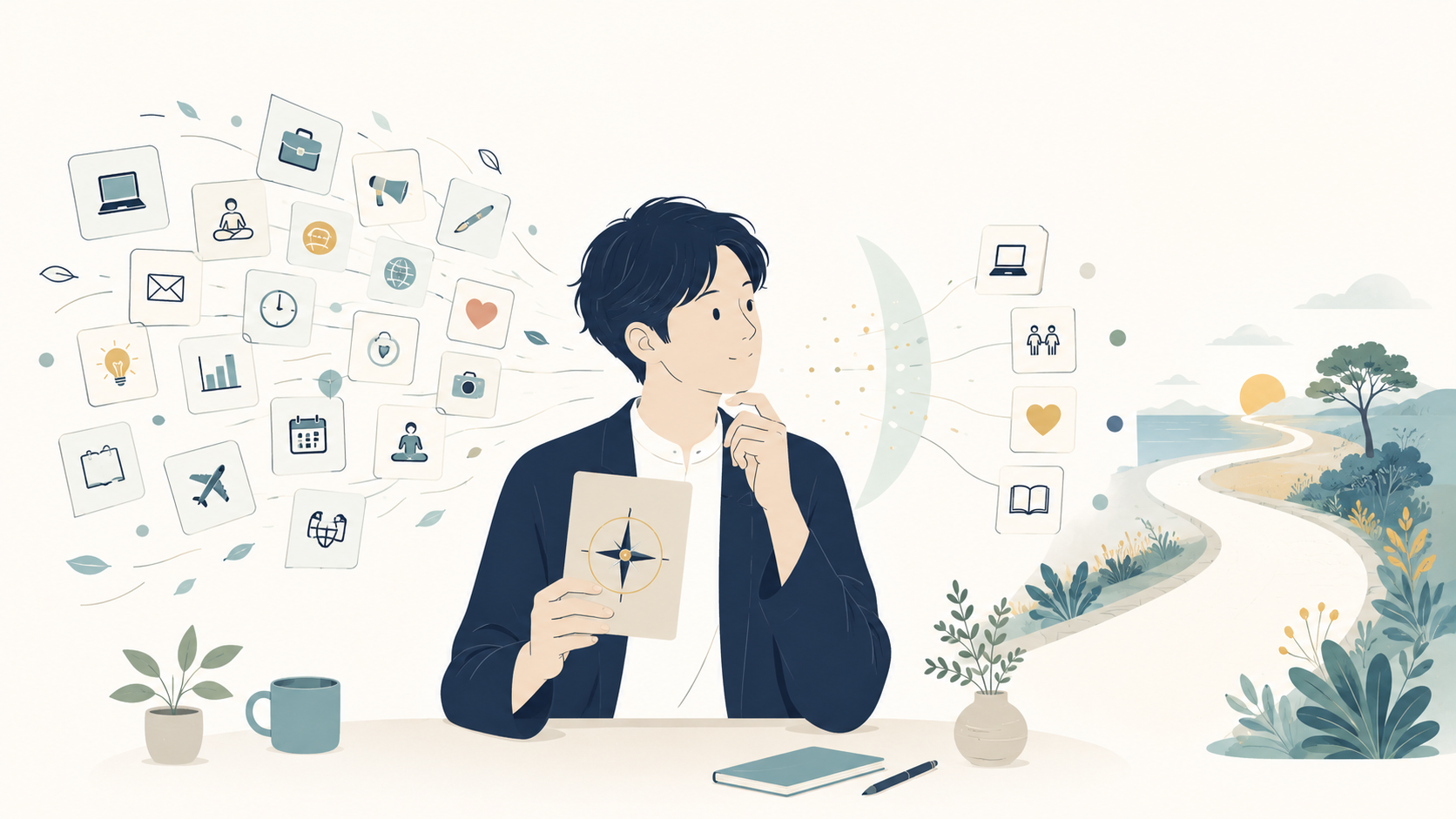 多くの選択肢の中から、コンパスを手に自分にとって大切なことを選び取ろうとする様子