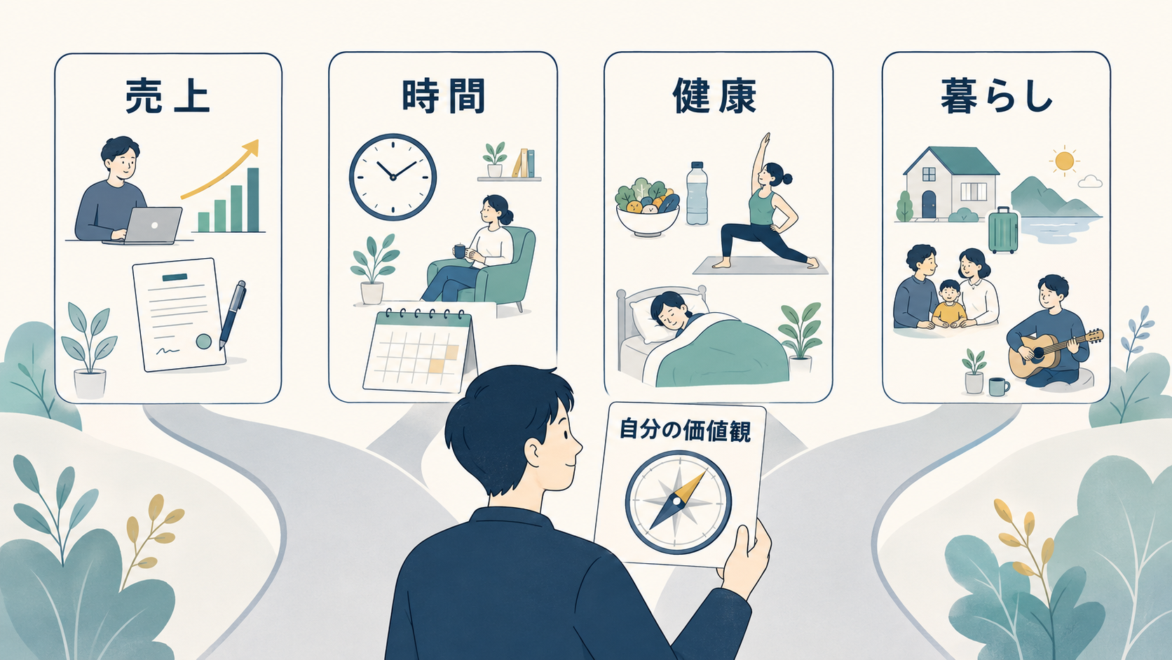 売上、時間、健康、暮らしという選択肢を前に、自分の価値観というコンパスを手に選ぶ様子