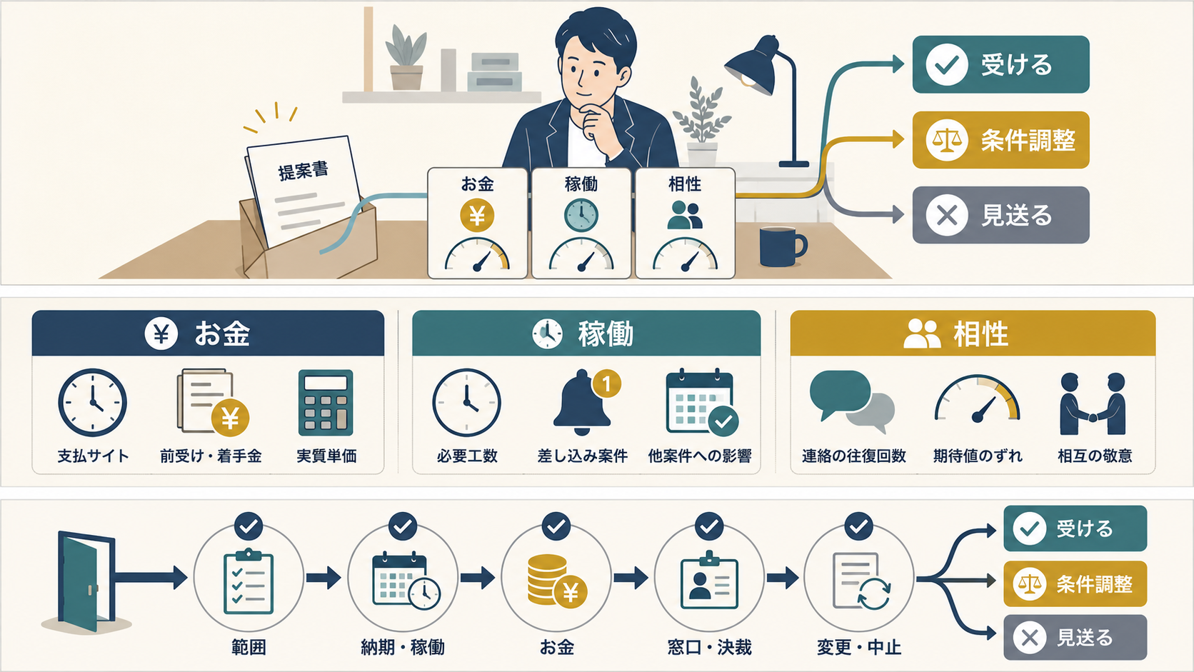 取引判断をお金・稼働・相性の3観点で整理し、受ける・条件調整・見送るへ分ける図