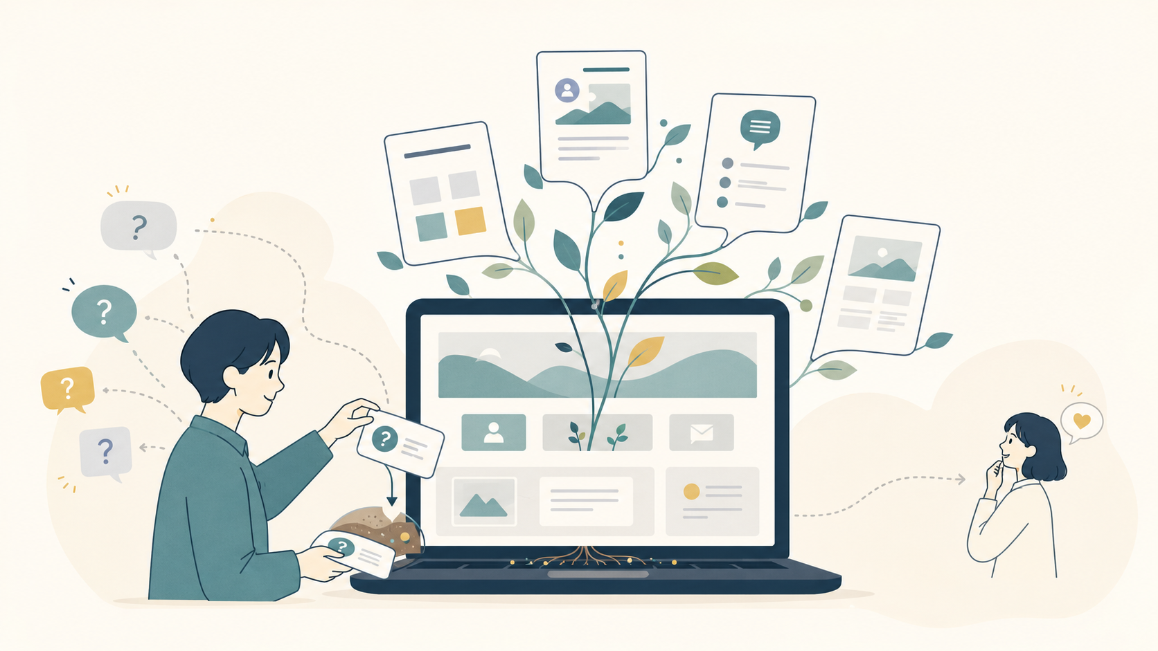 問い合わせで受けた質問をFAQや記事に変えながら、Webサイトを植物のように育てていく様子